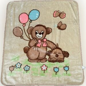 Vintage Baby Blanket Teddy Bear Balloons Puppy Dog Butterfly Plush Tan 38”x44”